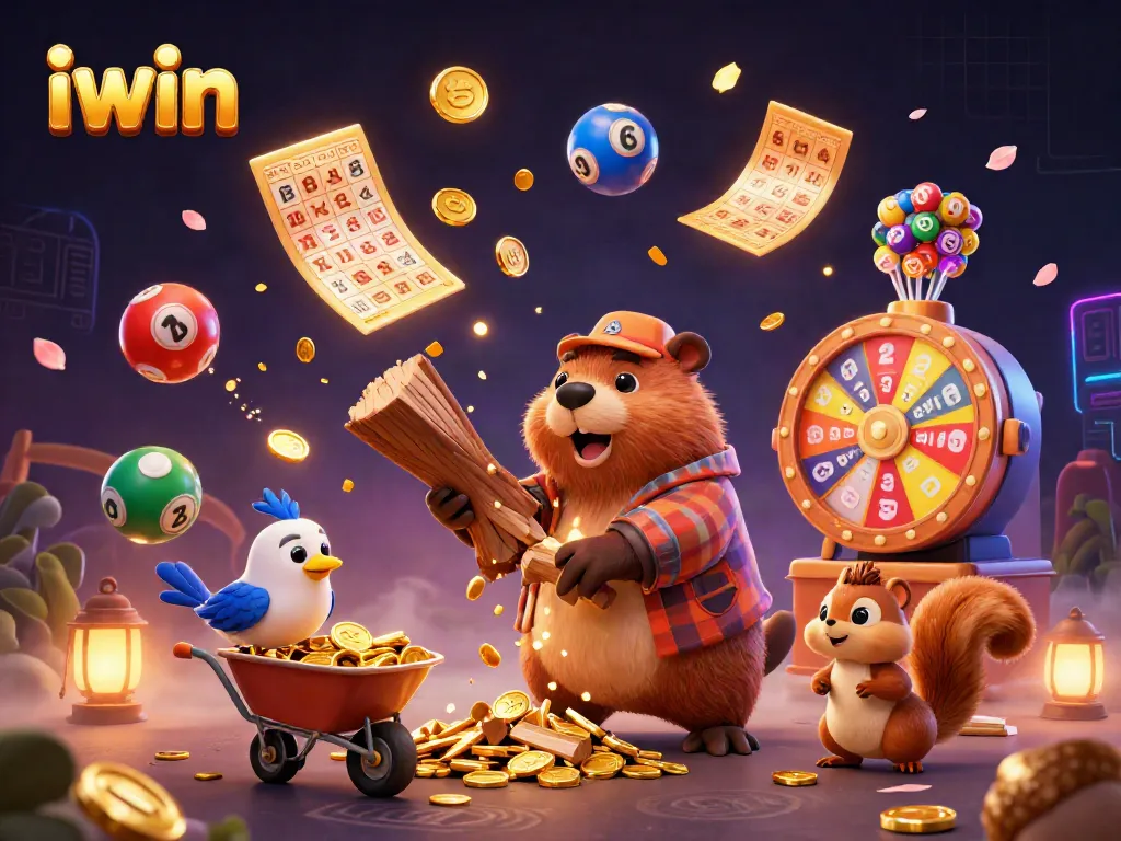 Join the fun at iwin, where golden coins rain as playful characters engage in vibrant casino activities!