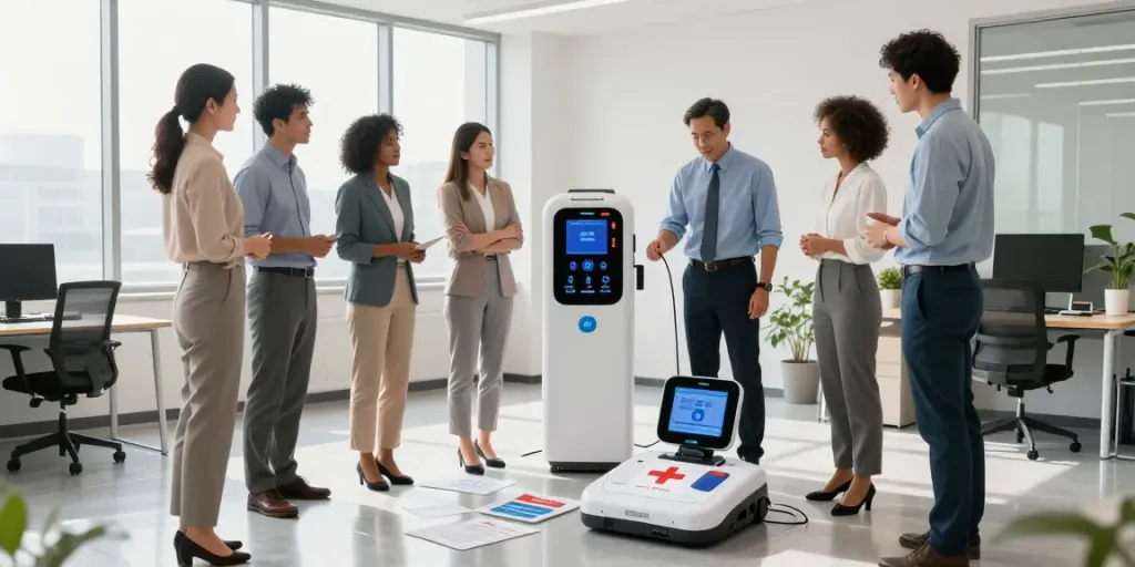 Professionelle Demonstration eines Defibrillators in einem Büro zur Vorbereitung auf Notfälle.