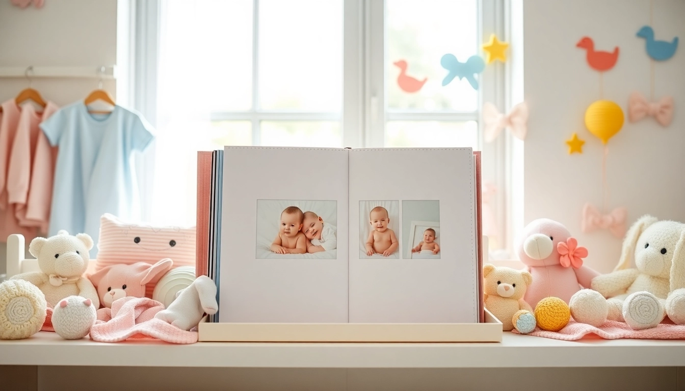 Gestalten Sie ein persönliches Babyalbum mit süßen Fotos und Babyspielzeug für bleibende Erinnerungen.