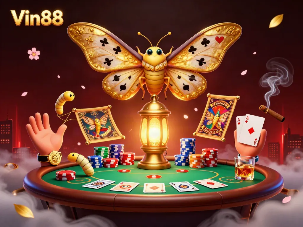 Experience Vin88's immersive casino environment with 3D moth characters and vibrant poker elements.
