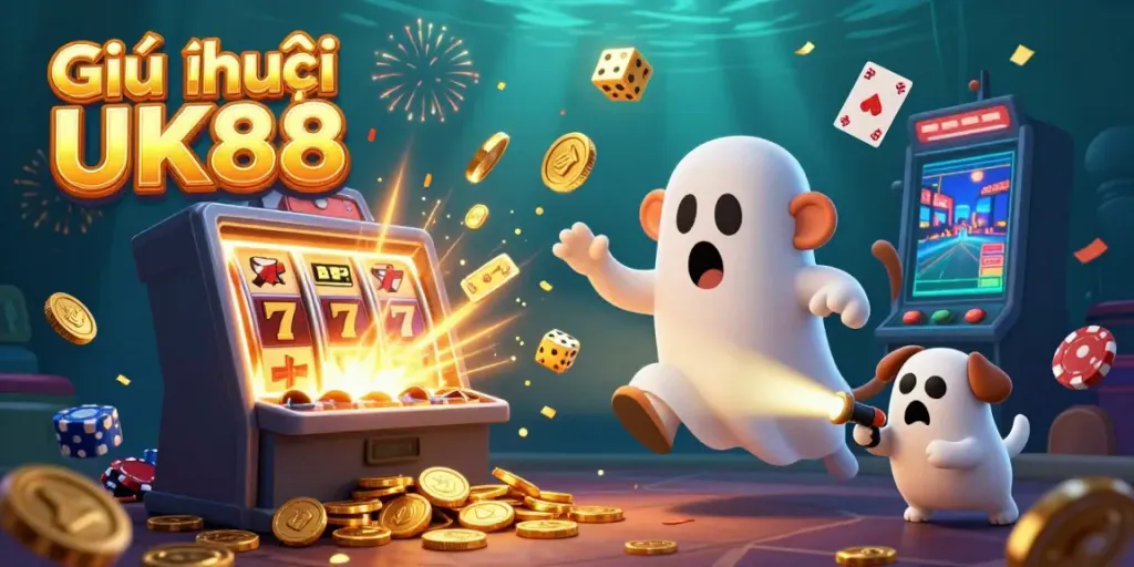 Engage with Giới thiệu UK88 as a playful scene unfolds in a vibrant casino filled with golden treasures and curious characters.