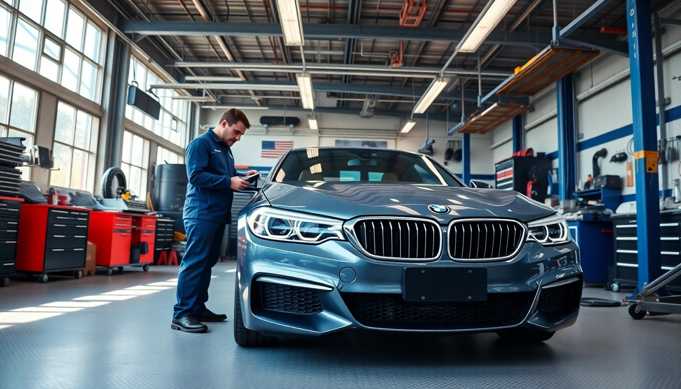 BMW Spezialist diagnostic process in a filled workshop with tools and vehicles.