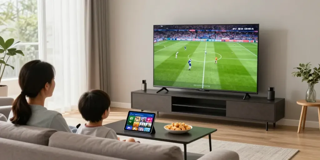 Family enjoying IPTV Premium content in a cozy living room with a large smart TV displaying a vibrant football match.