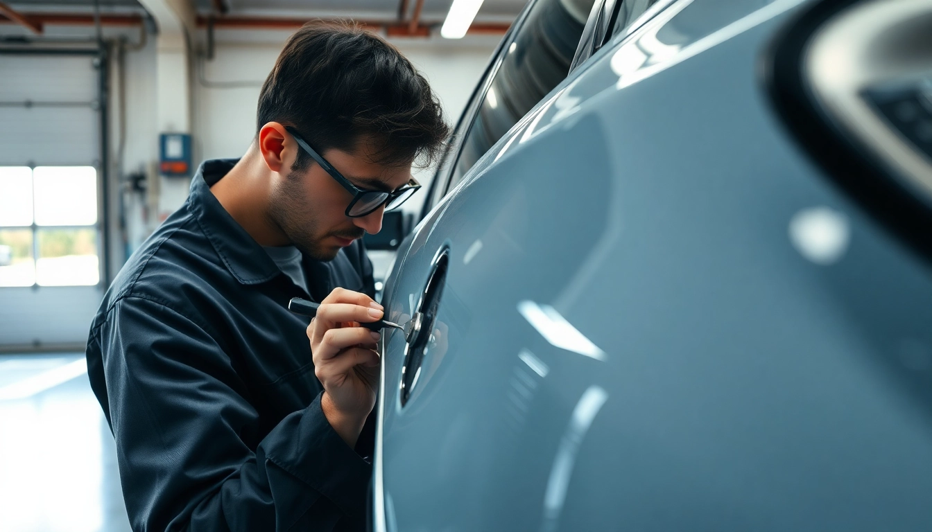 Kfz Gutachter Düsseldorf assessing vehicle damage in a professional auto workshop.