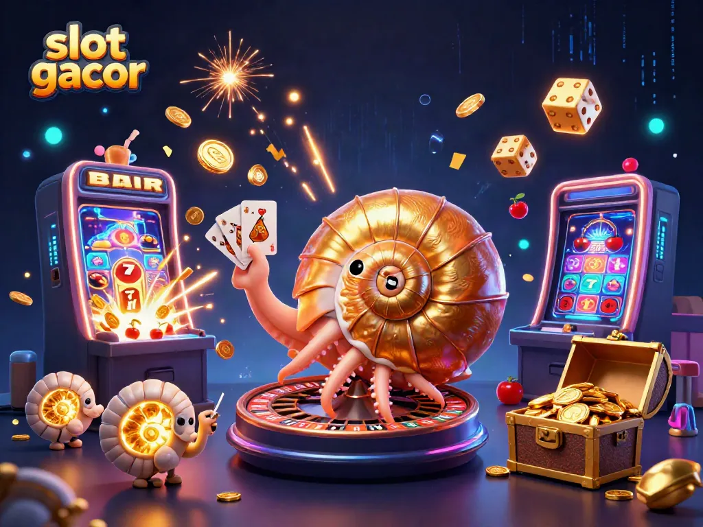 Experience the thrill of slot gacor with a vibrant scene featuring a giant nautilus, jackpot explosions, and animated game elements.