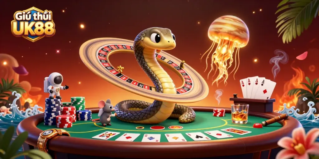 Engage in exciting gameplay at Giới thiệu UK88 with astronaut mice betting on a cosmic roulette wheel.
