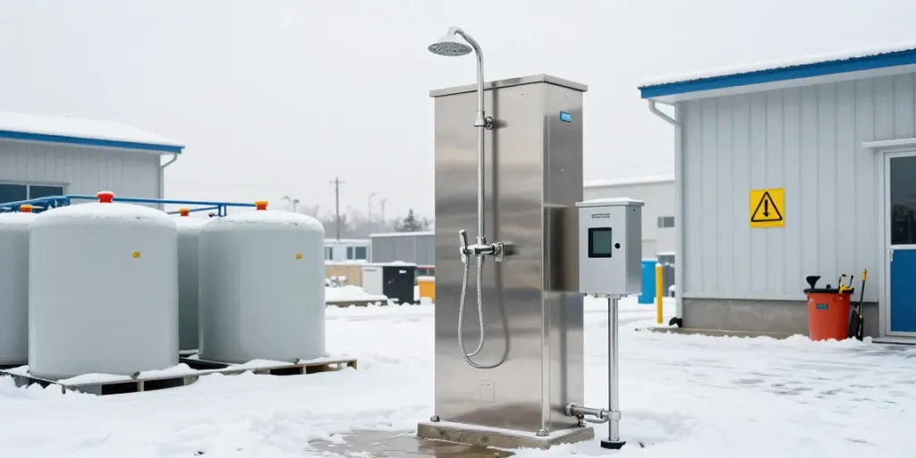 Heated emergency shower for outdoor use, designed for cold climates.