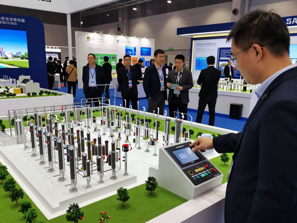 Detailiertes Messemodell eines Umspannwerks mit funktionierenden LED-Beleuchtungselementen und Steuerungen, präsentiert auf einer Energiemesse.