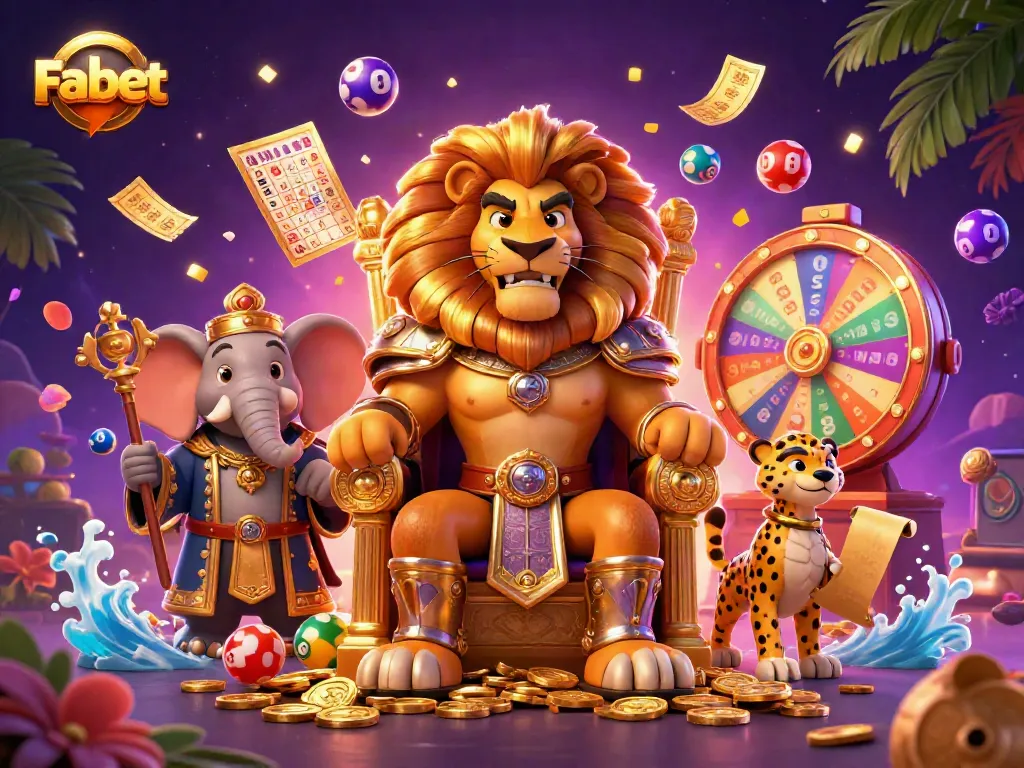 Fabet showcases a vibrant casino scene with a majestic lion, wise elephant, and speedy cheetah for exciting gambling action.
