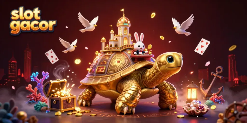 Experience the thrill of slot gacor with a vibrant 3D scene featuring a golden tortoise and casino elements.