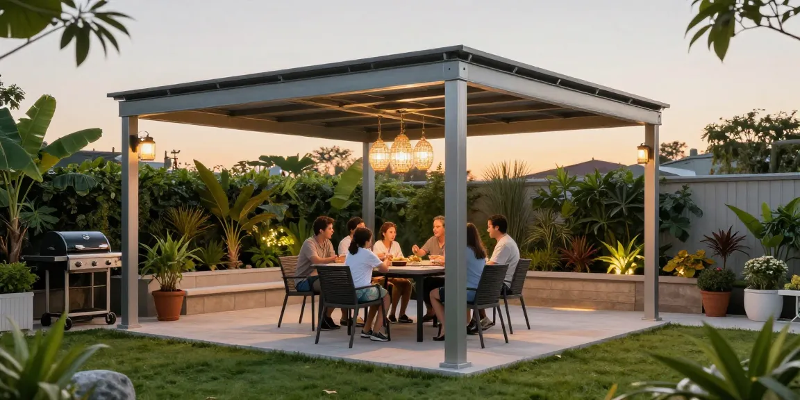 Freistehende Terrassenüberdachung mit Familie bei Abendessen im Garten