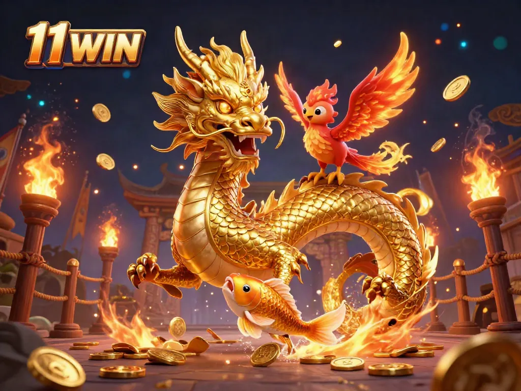 Engage in thrilling gameplay with 11 WIN and experience the dynamic casino adventure featuring a dragon, phoenix, and koi fish.