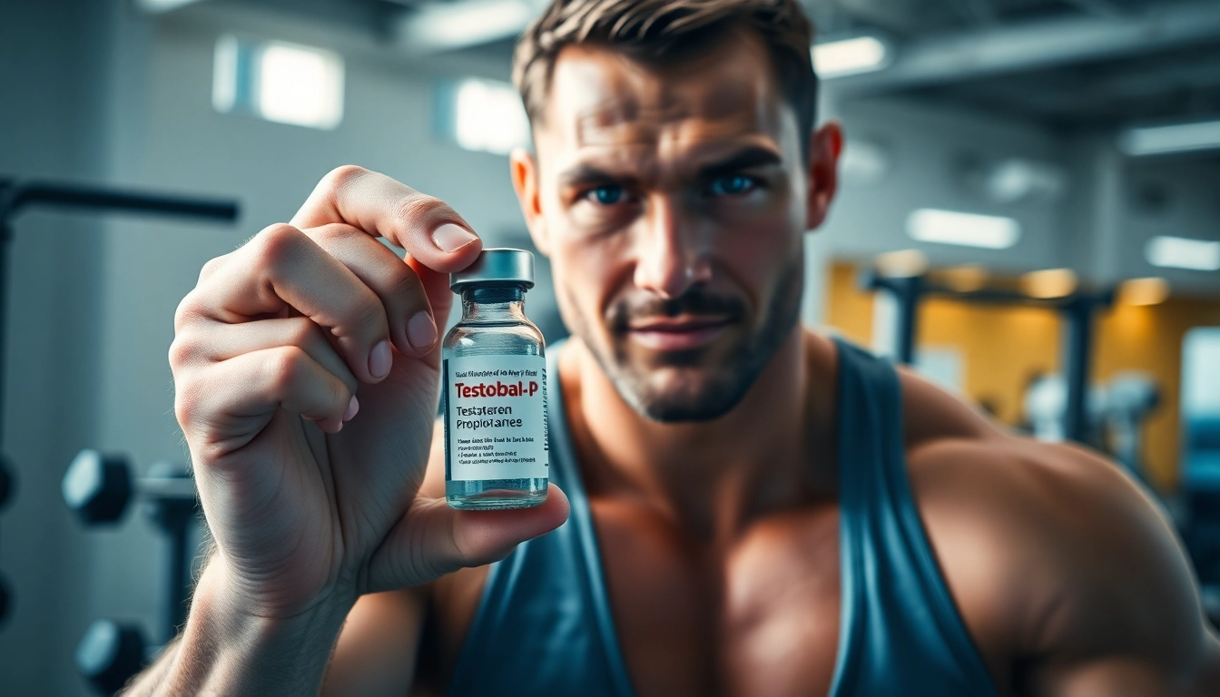 Testobal-P Testosteron Propionate displayed by an athletic man in a gym setting.