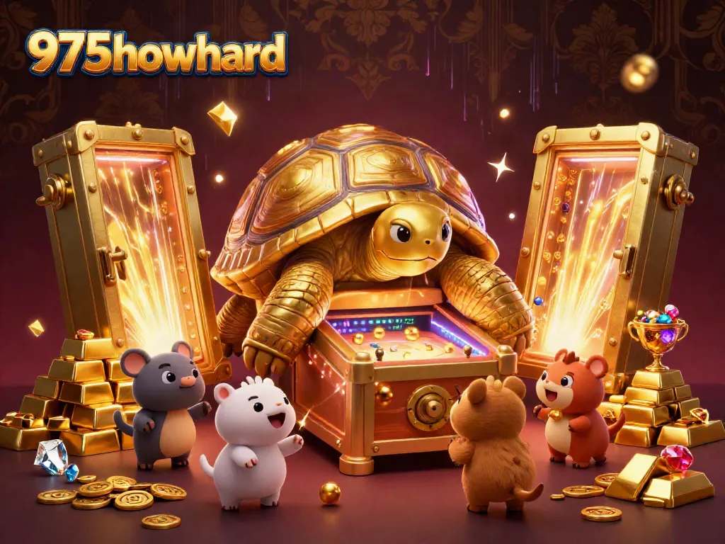 Experience the thrill with 975howard's vibrant casino scene featuring a golden tortoise pinball machine and treasures.