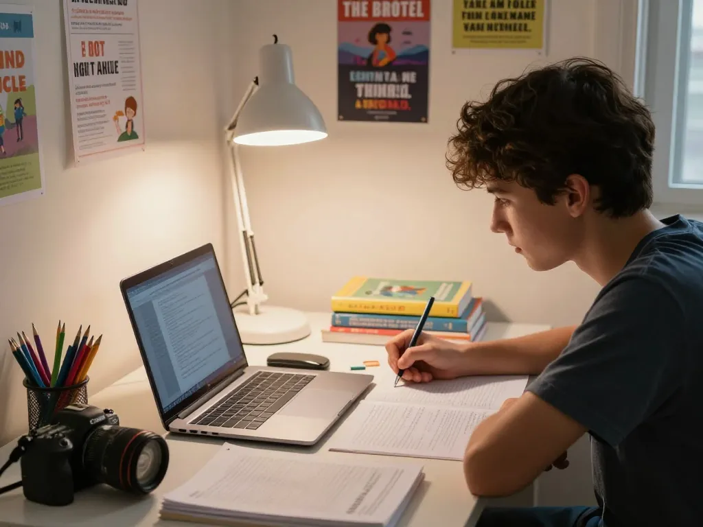 Schüler konzentriert auf Hausaufgaben lösen mit Laptop, Büchern und Schreibwaren in einer warmen Studienumgebung
