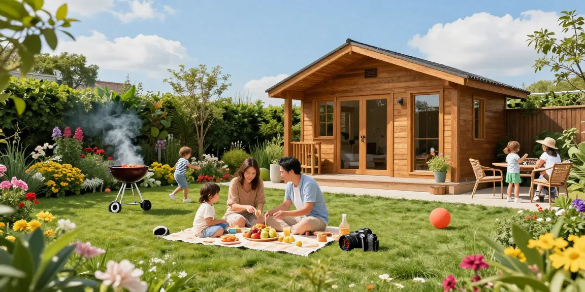 Familie genießt Zeit im Garten neben einem stilvollen Gartenhaus.