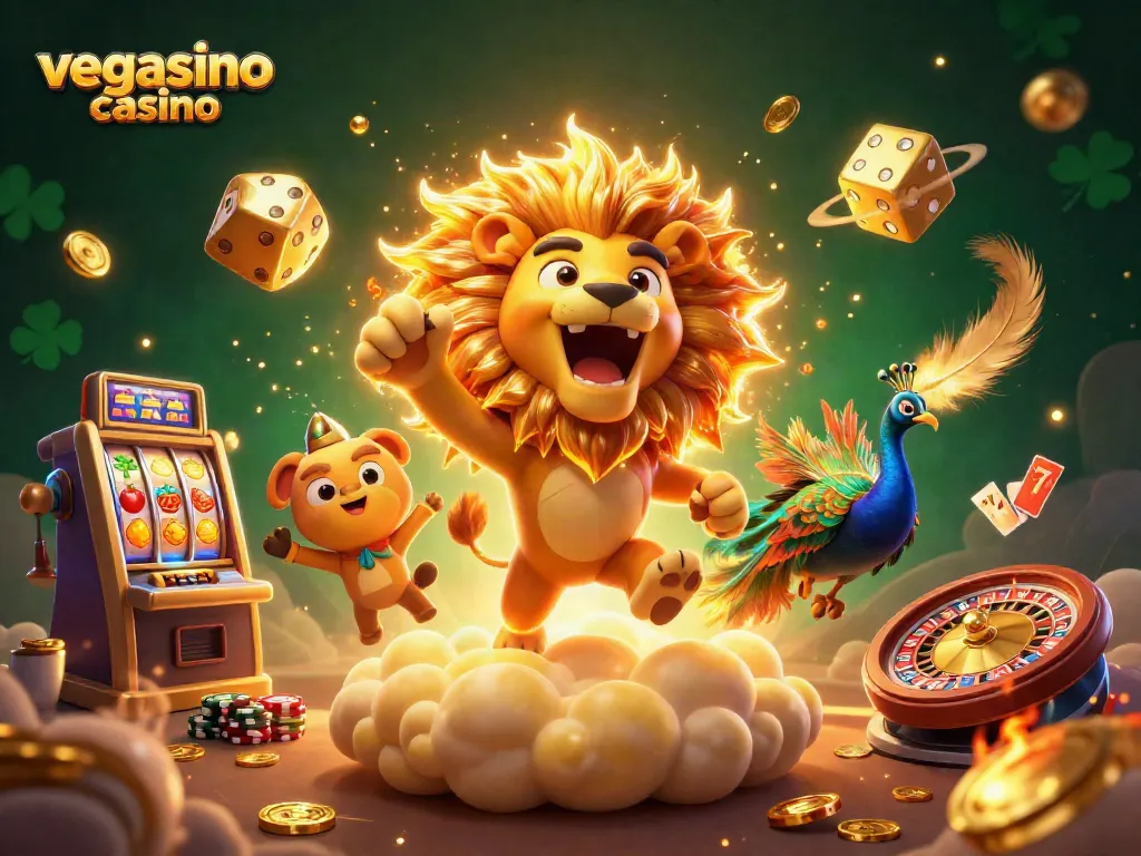 Experience thrilling gameplay at vegasino casino with a dynamic scene featuring a sun lion and slot machines.