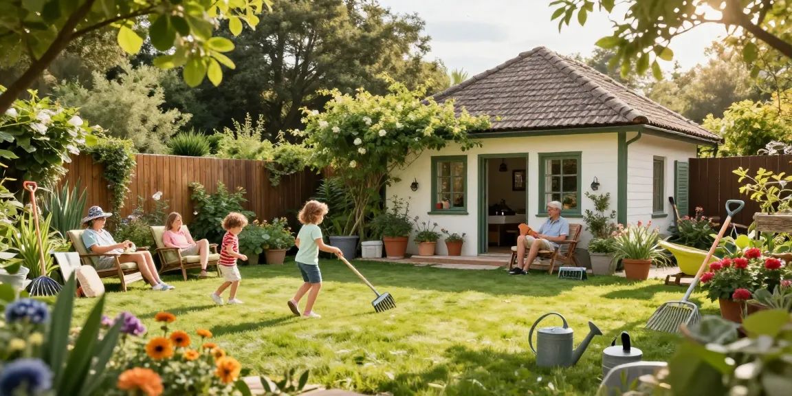 Ein wunderschönes Garten Haus umgeben von üppigem Grün und bunten Blumen, ideal für entspannte Nachmittage im Freien.