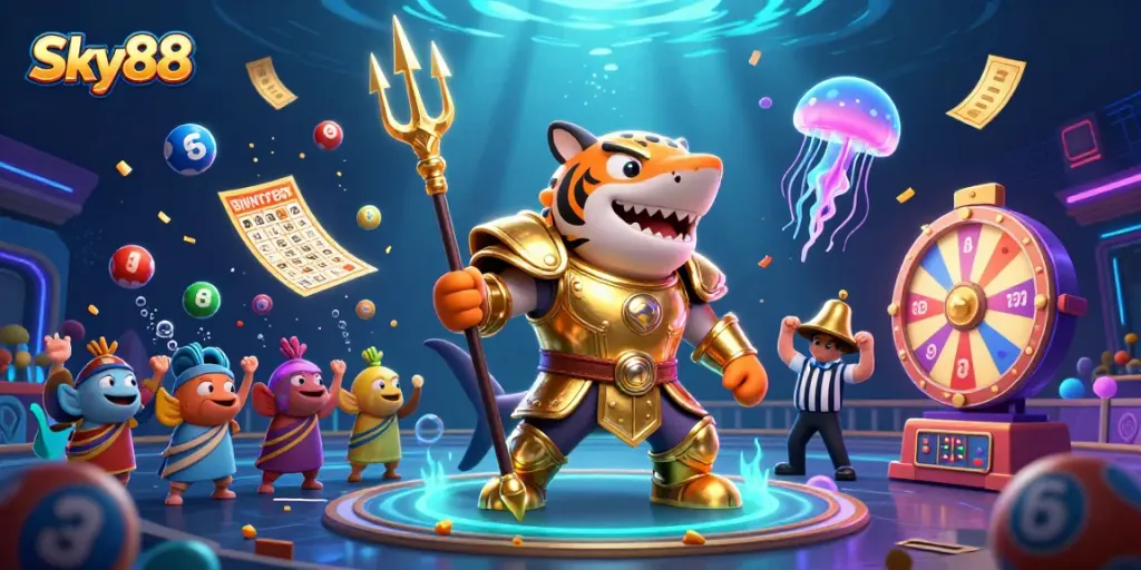 Sky88 engages players with lottery dynamics in an underwater colosseum scene.