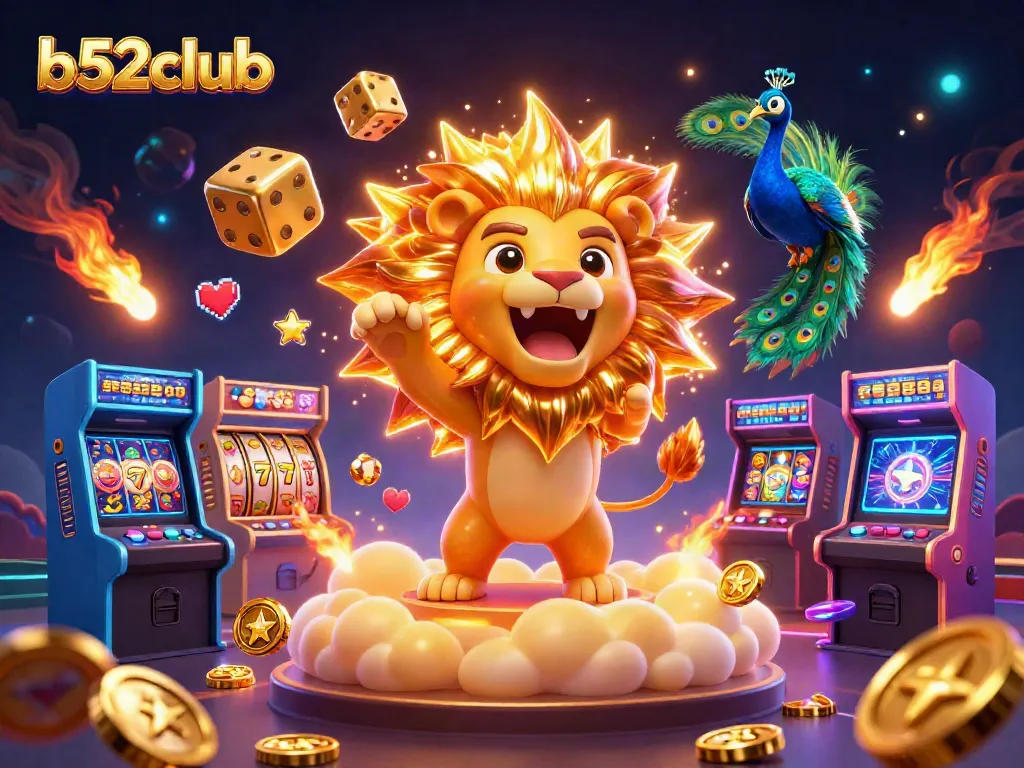 Join the action with b52club's vibrant slot machine scene featuring a roaring sun lion and golden dice.