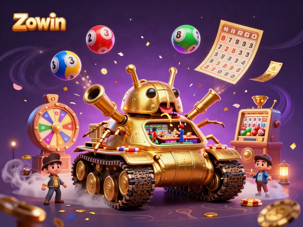 Zowin offers players an engaging casino experience, featuring a golden beetle tank bursting with elements like lottery balls and confetti.