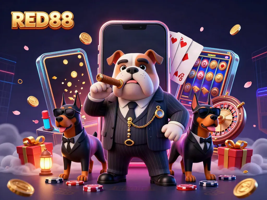Experience the thrill of slots and games with RED88’s vibrant casino scene featuring dynamic characters.