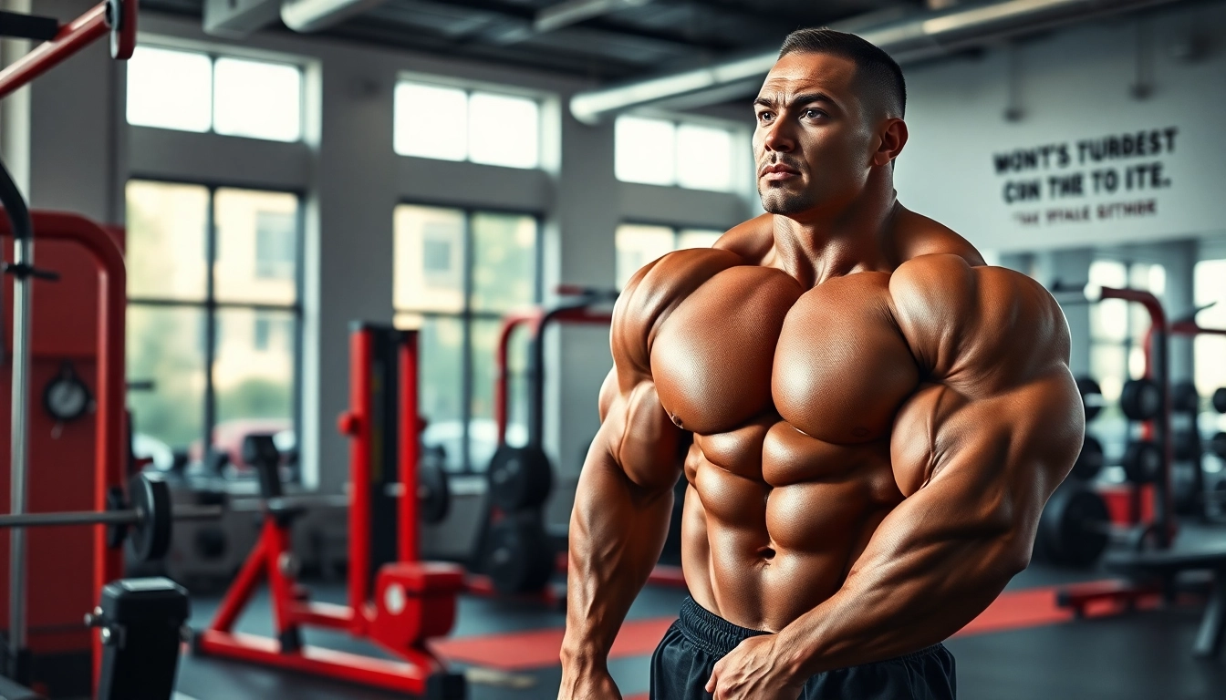 Sustanon 250 kaufen für Krafttraining und Muskelaufbau, intensive Fitnessatmosphäre im Hintergrund.
