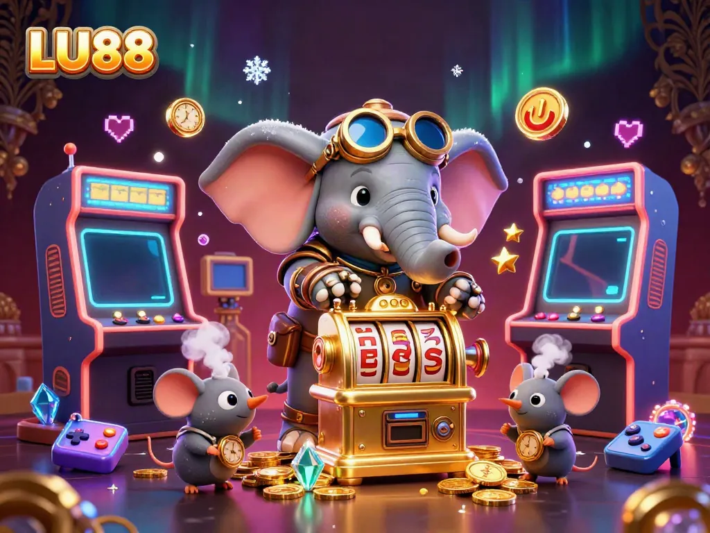 LU88 showcases a steampunk elephant at a golden slot machine with glowing game elements in a vibrant casino scene.