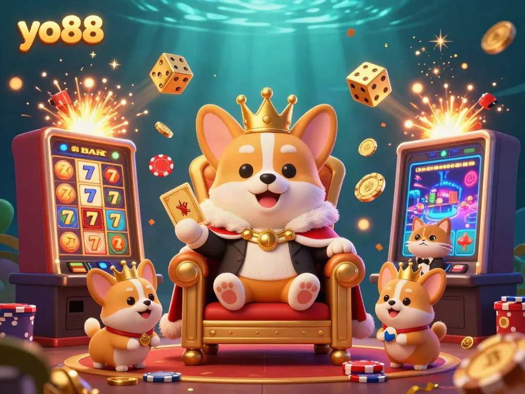 Engage with exciting yo88 casino adventures featuring playful corgis and dynamic slot machine action.