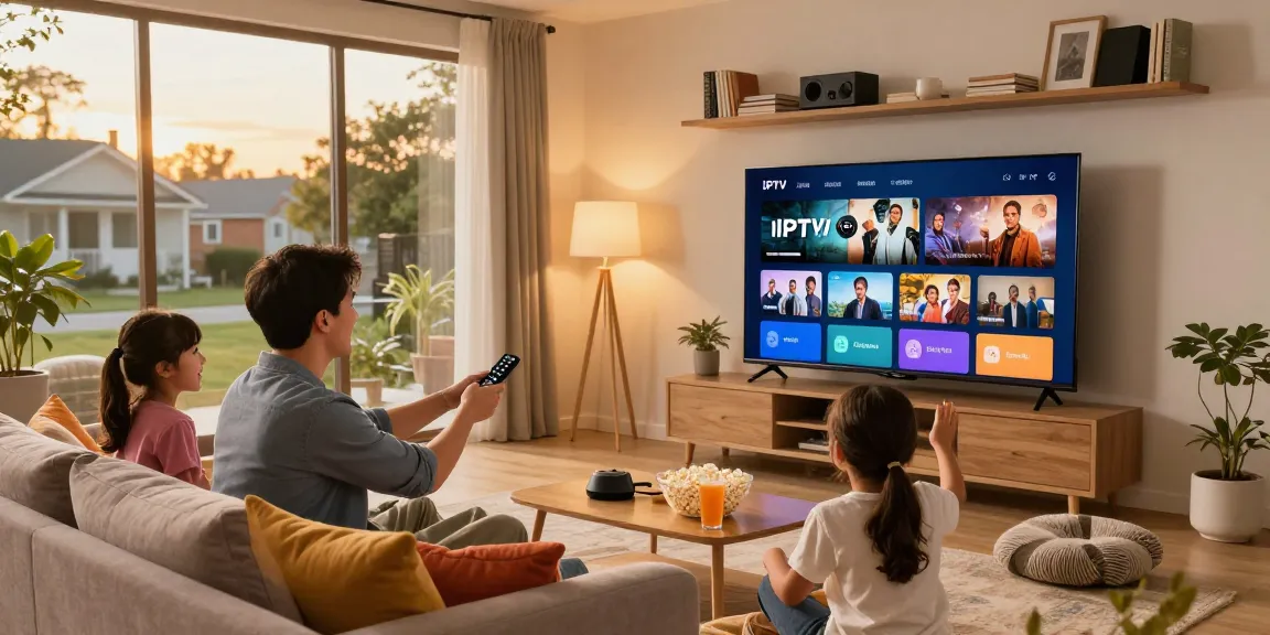 Familie nutzt ein IPTV Smart TV für ihre Lieblingssendungen in einem modernen Wohnzimmer.