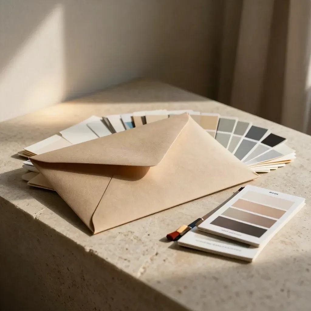 Sandfarbenes Markenauftritt-Set mit Umschlag, Kartenkanten und Swatch-Fächer im Fensterlicht.