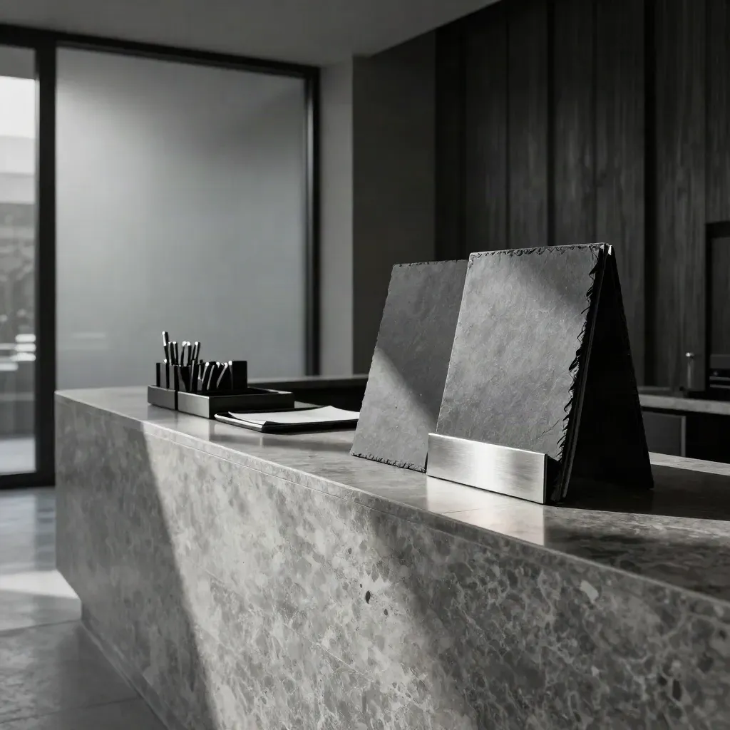 Elegante Steuerkanzlei-Rezeption mit Aktenmappen und Metallplakette im dunklen Interior.