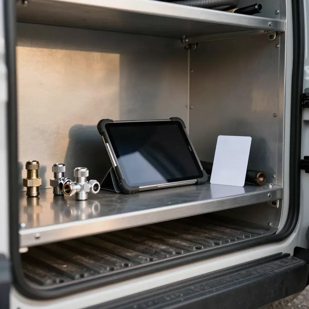 Tablet im Transporter neben Sanitär-Fittings und gefaltetem Mockup-Card, von unten fotografiert.