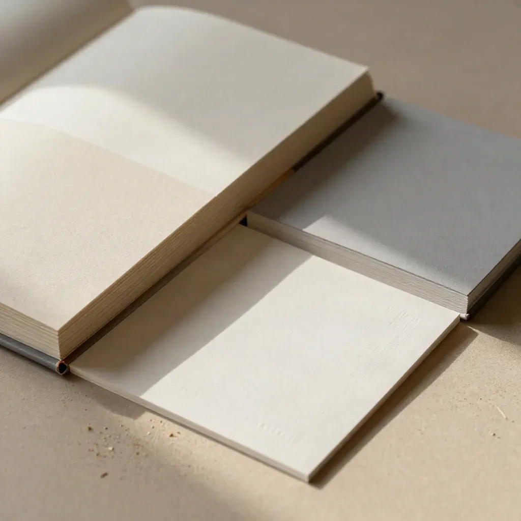 Makro von Papiermustern, Broschürendummy und geprägter Karte auf sandfarbener Werkbank.
