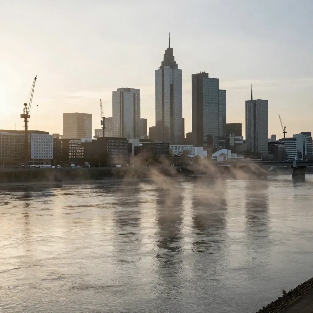 Düsseldorfer Rhein und MedienHafen im warmen Dunst, Skyline hoch im Bild, ruhige Wasserfläche unten