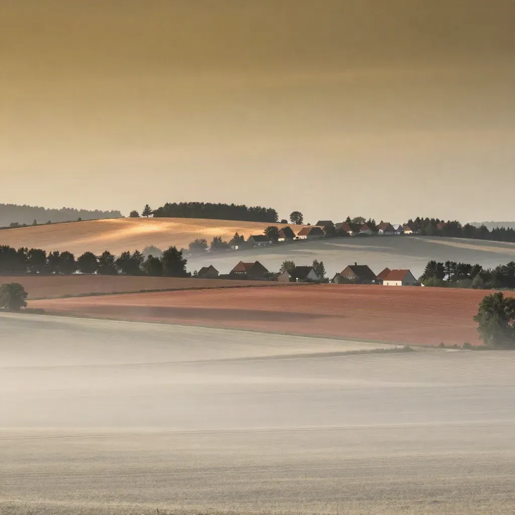 Deutsche Landschaft mit Feldern, Baumreihen und warmem Dunst für Kopierfläche