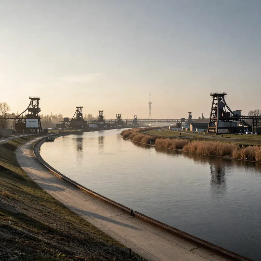 Morgendlicher Industriehorizont im Rhein-Ruhr-Gebiet mit Kanal, Stahl und Dunst.