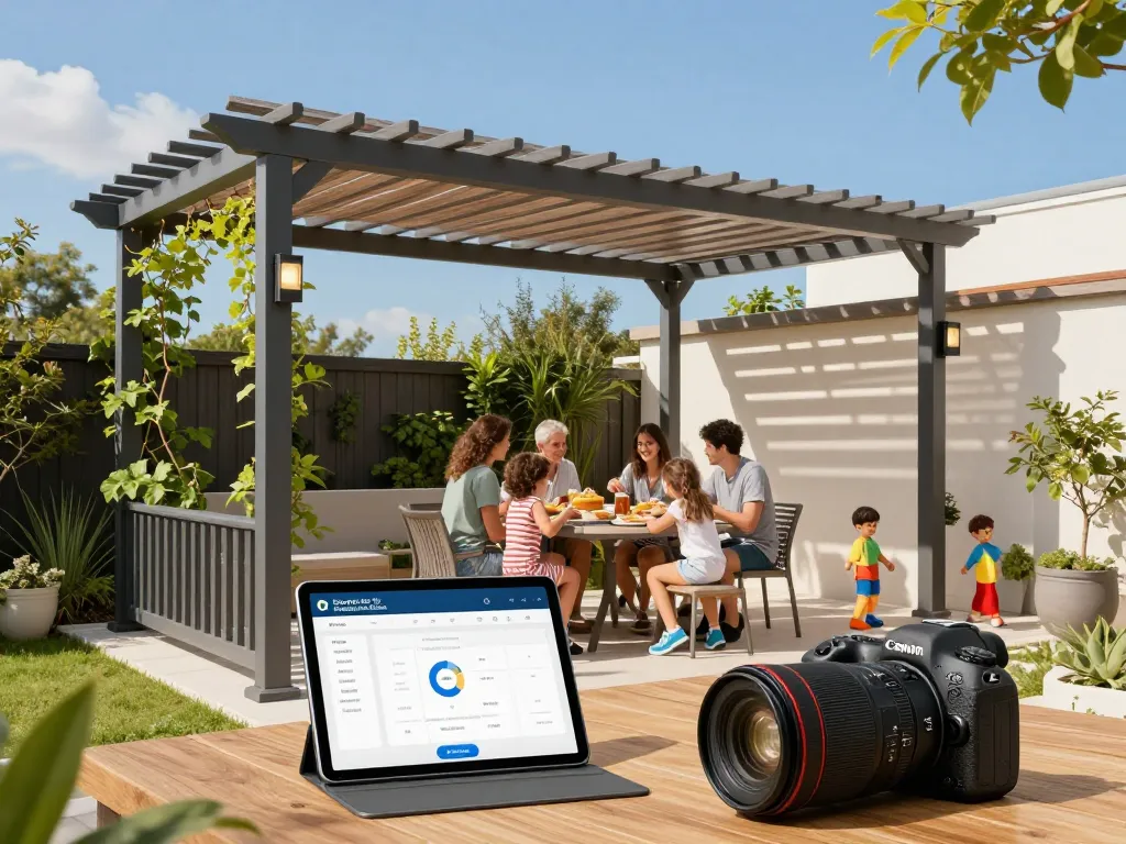 Software für Pergola-Installateure, dargestellt durch eine Familie, die eine anpassbare Pergola in einer lebhaften Außenumgebung genießt.