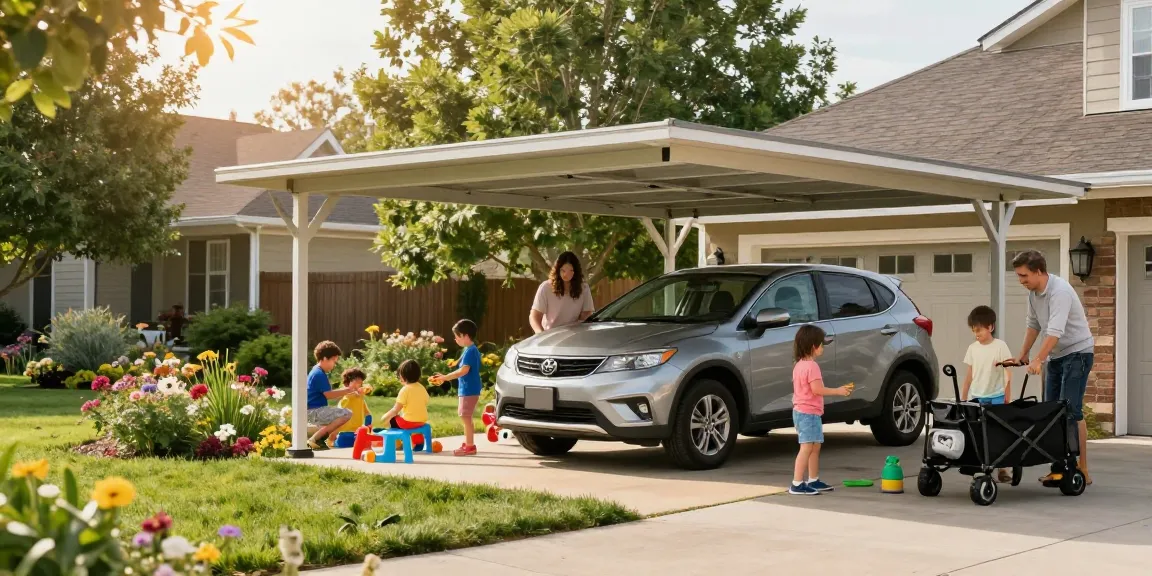 Ein Carport schützt das Fahrzeug, während Kinder im Garten spielen und eine einladende Nachbarschaft entsteht.