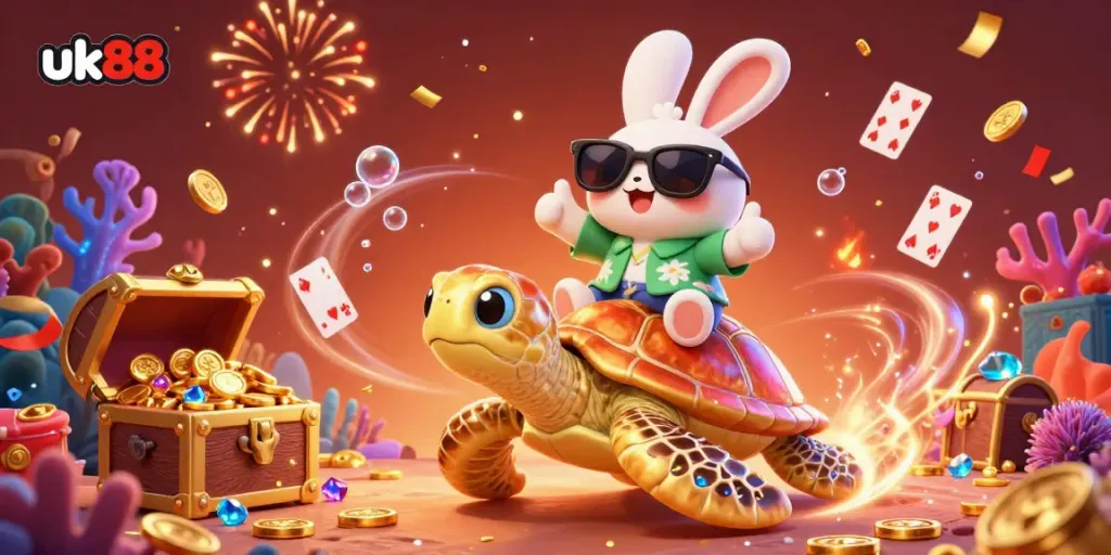 Engaging illustration of a lucky rabbit riding a golden turtle, celebrating with gem-filled treasure at the uk88 online casino.