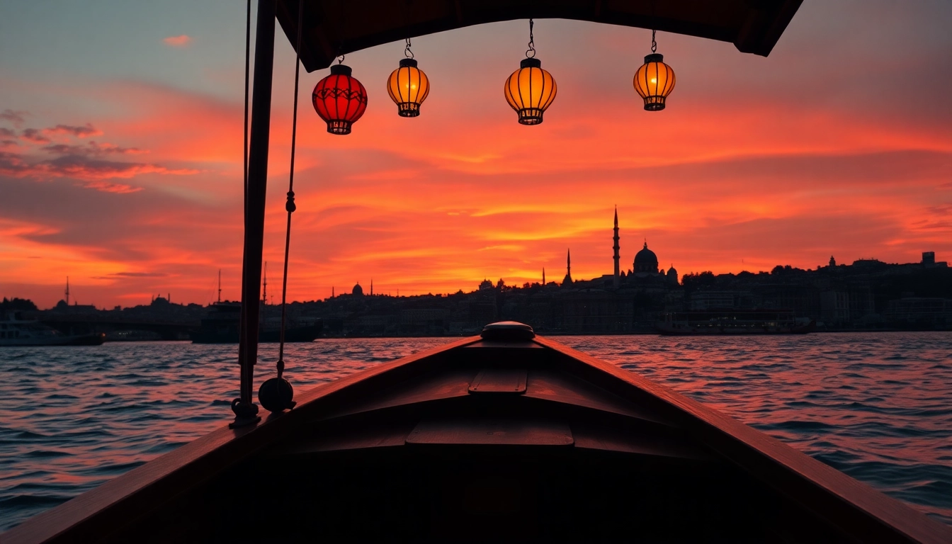 Bosphorus sunset cruise auf einem traditionellen türkischen Boot mit warmen Lichtern.