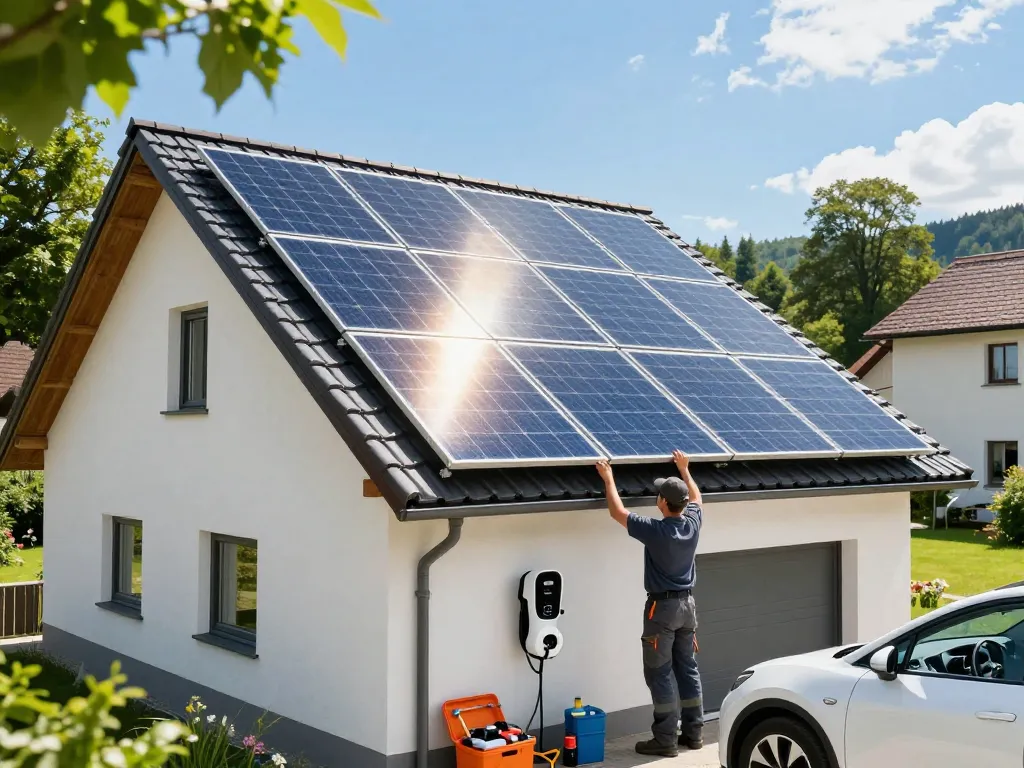 Photovoltaik Bayern Solarpanel-Installation auf einem bayerischen Haus, das nachhaltige Energielösungen hervorhebt.