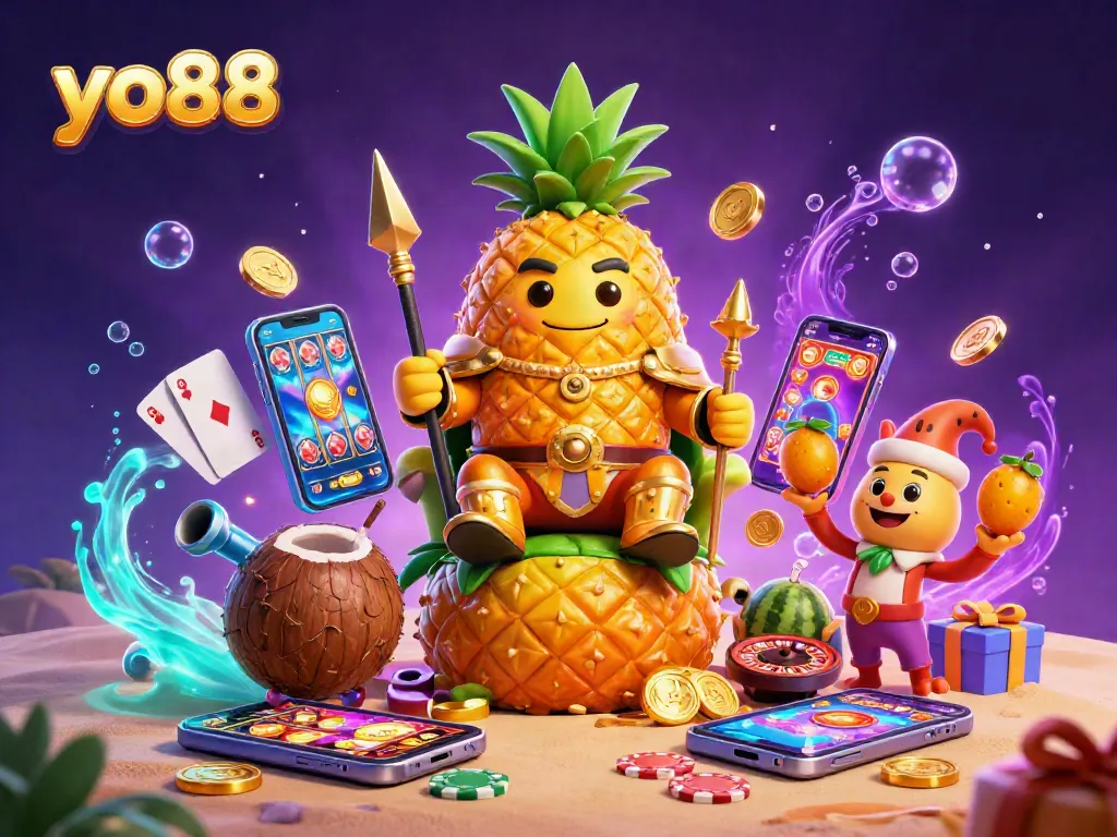 Experience excitement with yo88's vibrant gaming scene featuring slot games and a golden pineapple king.