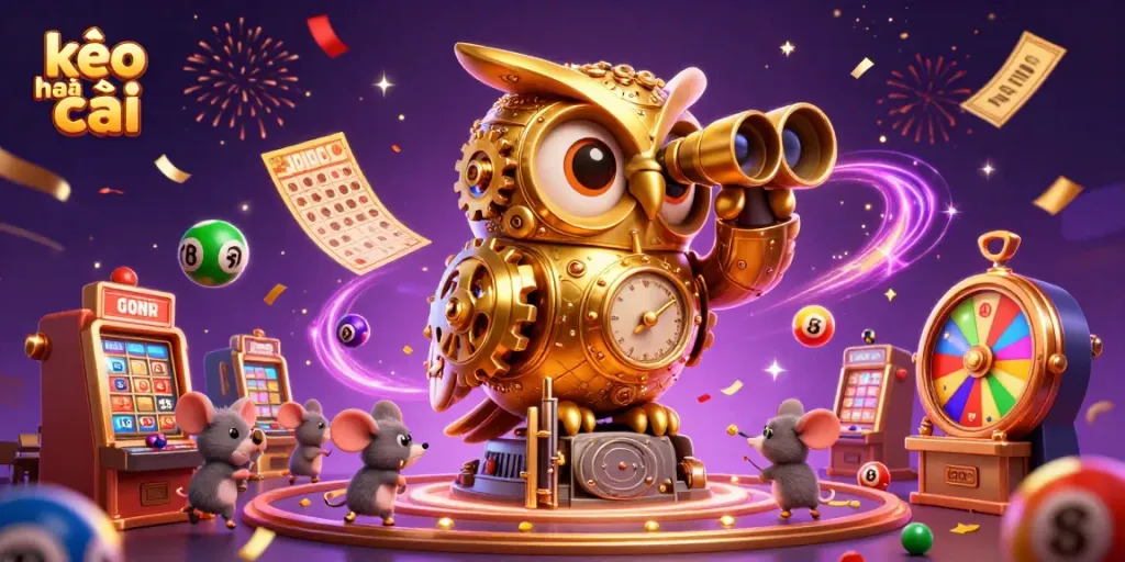 Experience the thrill of kèo nhà cái with a golden owl overseeing lively casino action and colorful lottery elements.