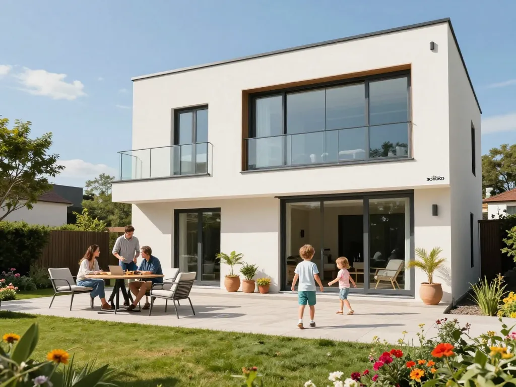 Schüco Fenster verbessern die moderne Wohnästhetik mit Familie, die den Garten genießt