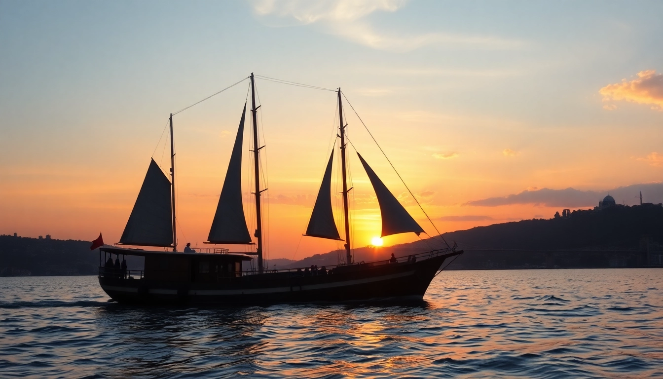 Bosphorus sunset cruise with a traditional boat silhouetted against a vibrant sunset.