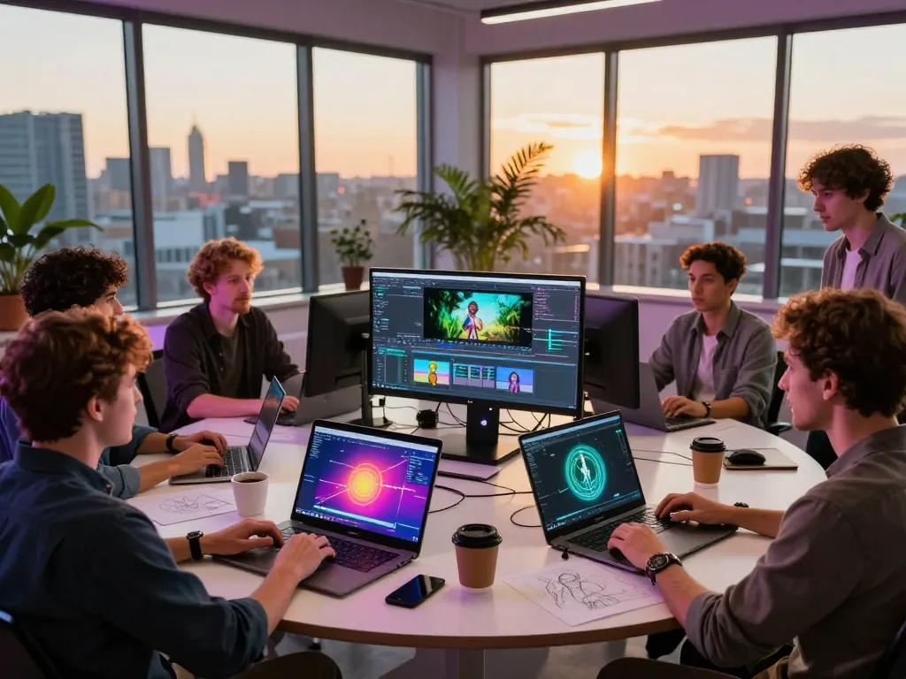 Creative team engaging with motion control technology in a vibrant studio.