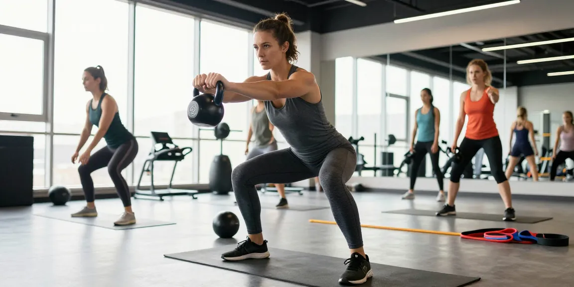 Veranstaltung in einem Fitnessstudio mit einem Athleten, der Kettlebell-Training durchführt, umgeben von Fitnessgeräten. Selliza Shop Produkte fördern Fitnessziele.