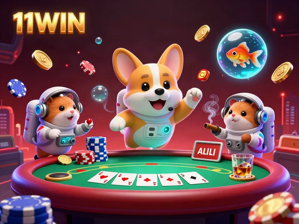 11WIN's playful astronaut corgi navigates a lively space casino filled with poker chips and coins.