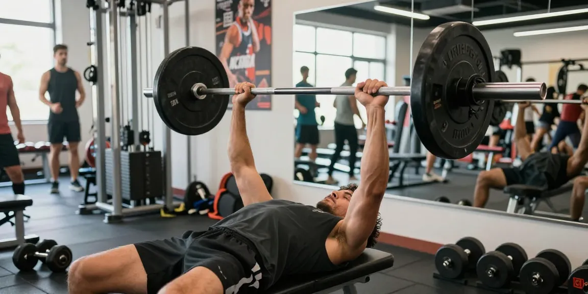 Anabolika Shop – Bodybuilder im Fitnessstudio beim Bankdrücken mit Gewichten, umgeben von moderner Ausrüstung und inspirierenden Motiven.
